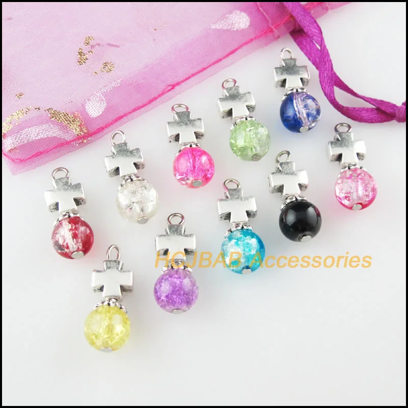 20Pcs Tibetan Silver Tone Tiny Cross Mixed Round Glass Beads Charms Pendants 8x22mm