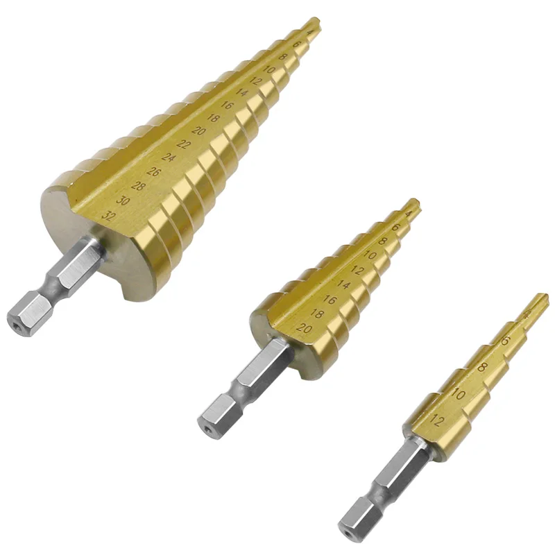 HSS step drill titanium rivestimento 4-12mm 4-22mm 4-32mm foro conico cutter 1/4 ''hex maniglia triangolo maniglia bit per legno metallo