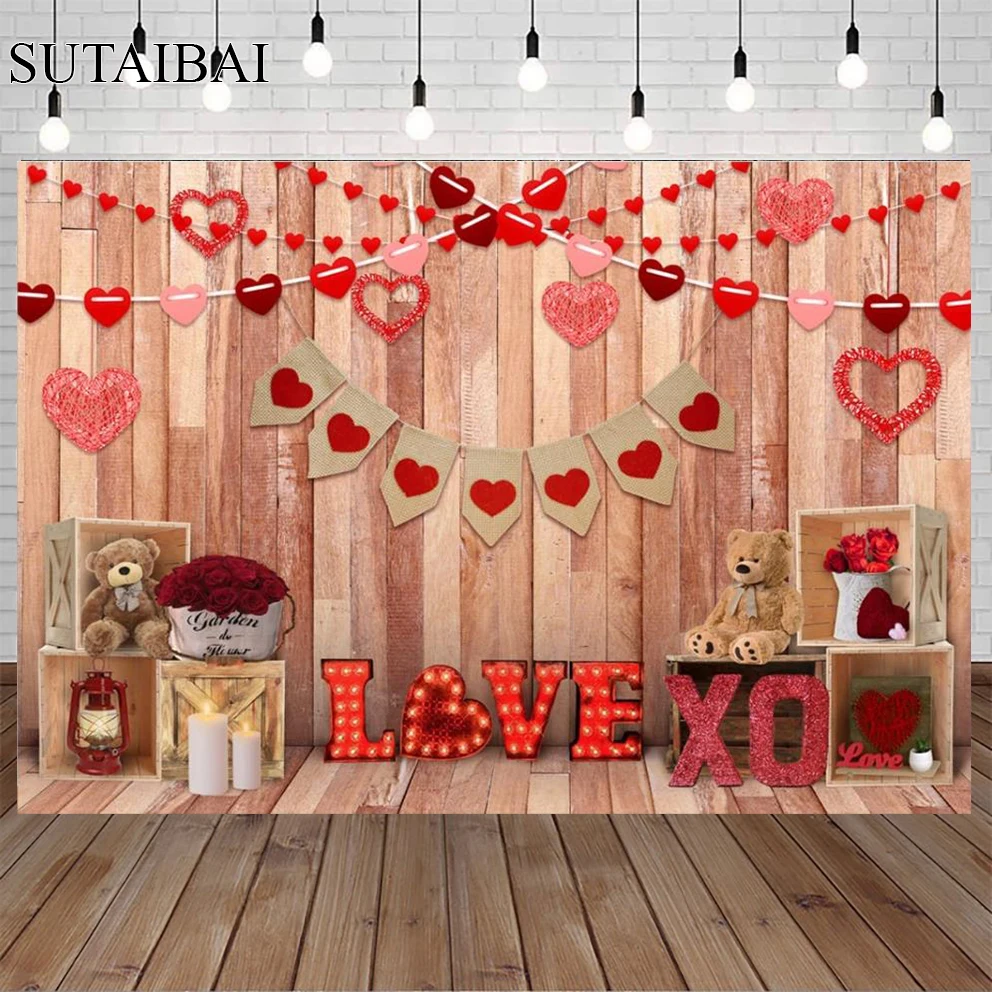 

Valentine's Day Backdrop Love Heart Red Rose Teddy Bear Bridal Shower Wedding Party Decoration Photo Booth Studio Props Banner