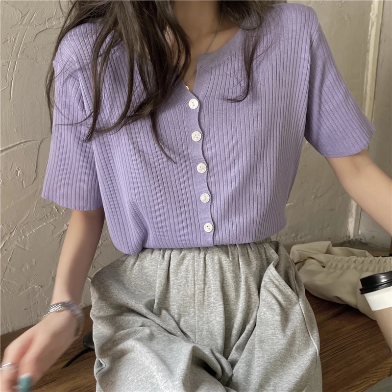 Short Sleeve Loose Cardigans Women Solid Knitting Sunscreen Tops Sweet Cozy Single Breasted Sweaters Chic Elegant Streetwear Ins