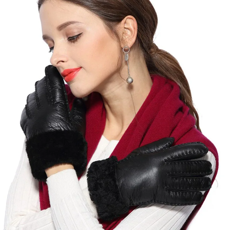 Guantes de piel de oveja auténtica para mujer, manoplas de lana para invierno, cálidas, rusa, Manual, muy cálidas