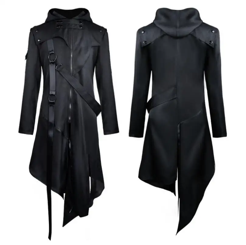 Middeleeuwse Mannen Gothic Jas Onregelmatige Hooded Hiphop Trenchcoat Steampunk Lange Zwarte Ontwerp Overjas Assassin Cosplay Costumet