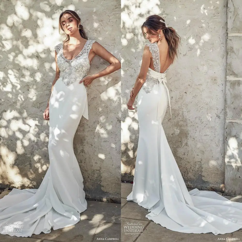 2020 Abiti Da Sposa con perline scollo a V Sexy Backless Sweep Train abito Da Sposa a sirena Abiti Da Sposa Plus Size Abiti Da Sposa