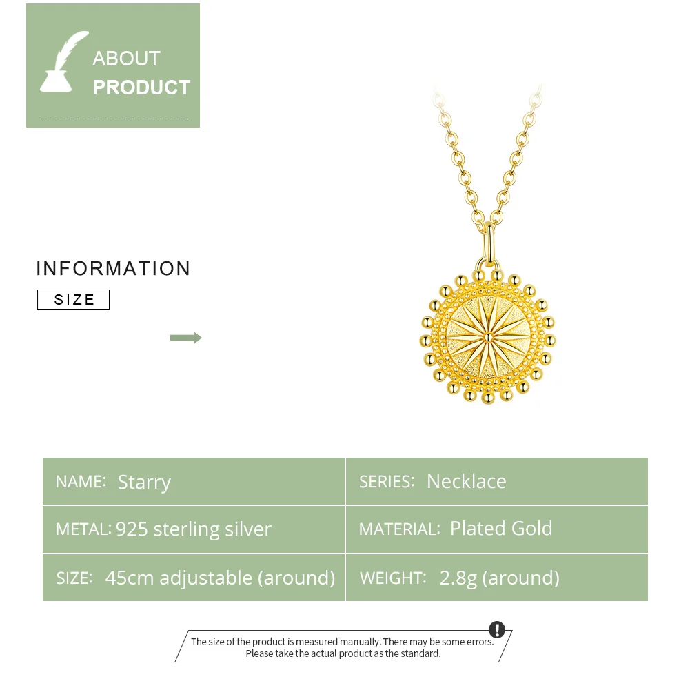 bamoer Sun Coin Pendant Neckalce for Women Gold Color Genuine 925 Sterling Silver Chain Necklaces Collier Fashion Jewelry SCN353