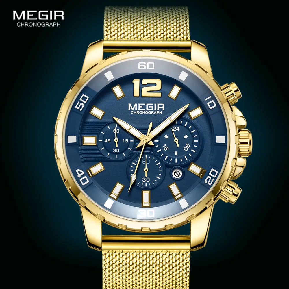 Megir 2020 orologi sportivi alla moda da uomo Luxury Top Brand Blue Face cronografo orologio da polso al quarzo orologio con cinturino in maglia