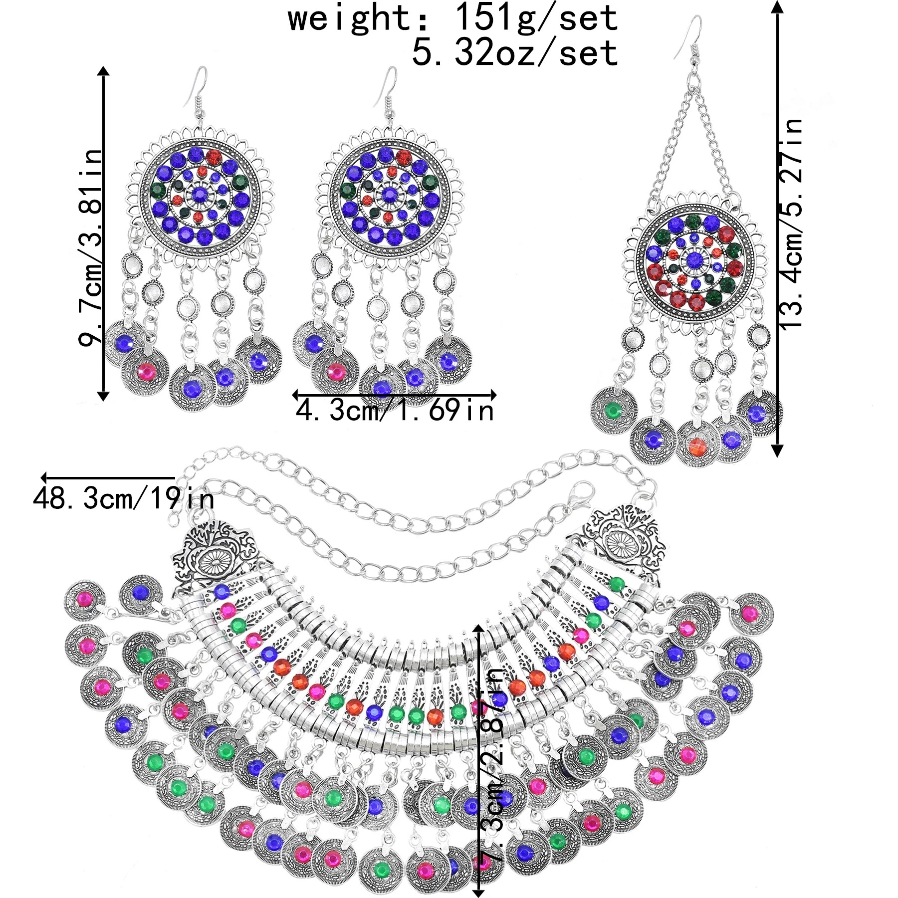 Vintage Color Rhinestone Coin Necklace Earrings for Women Ethnic Tribal Hair Clip Afghan Turkish Gypsy Statement Jewelry Sets