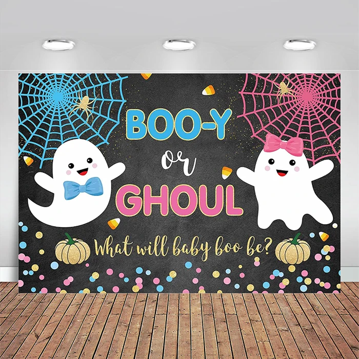 

Halloween Gender Reveal Backdrop Boo-y or Ghoul He or She Boy or Girl What Will Baby Boo Be Baby Shower Party Ghost Background