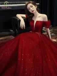 Customized Elegant Banquet Wine Red Evening Dress for Bride Boat Neck A-line Floor-length Long Formal Gown Vestidos De Noche