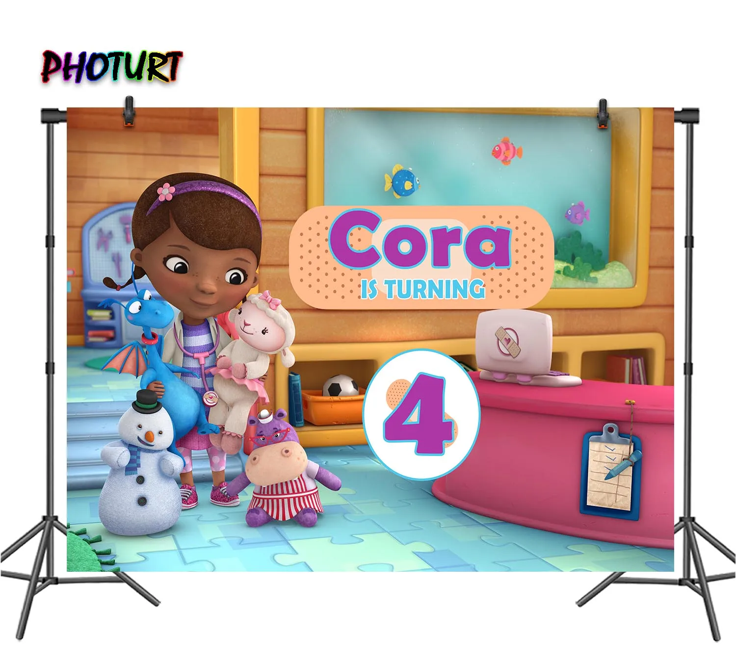 PHOTURT-Toile de fond de photographie personnalisée Doc Mcstuffins, arrière-plan photo de fête d'anniversaire pour enfants, bannière de jouet d'infirmière, accessoires de studios en vinyle