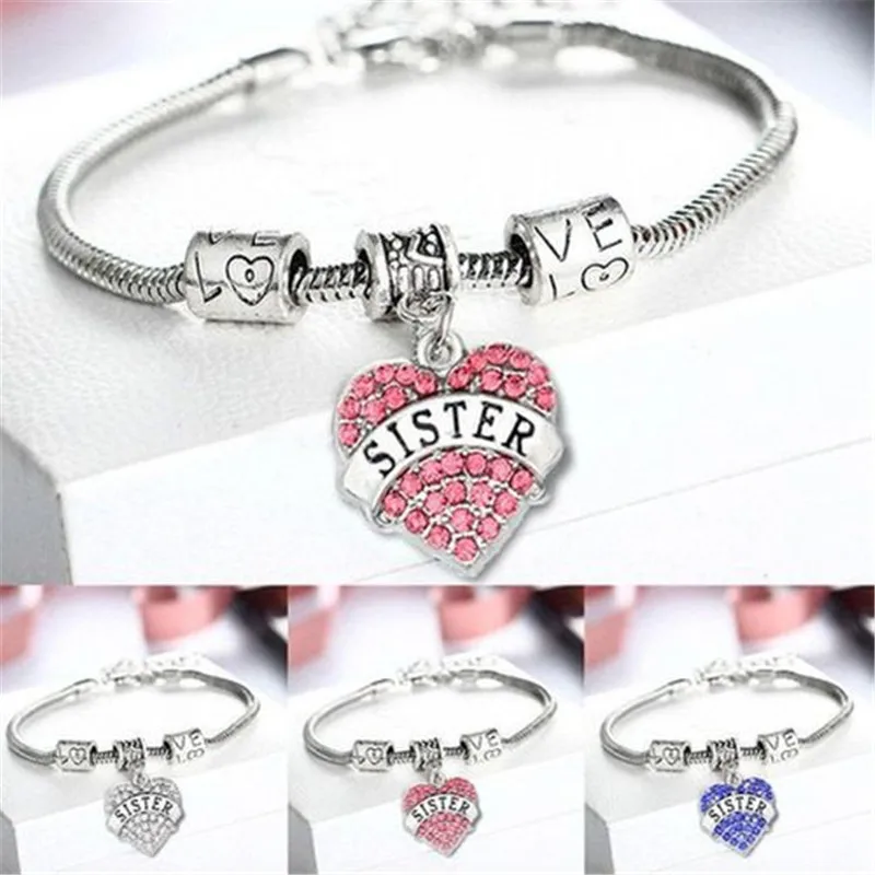 Fashion Crystal Bracelets Love Heart Pink Rhinestone Brand Charm Bracelet Sister Pendant Family Women Jewelry Gift