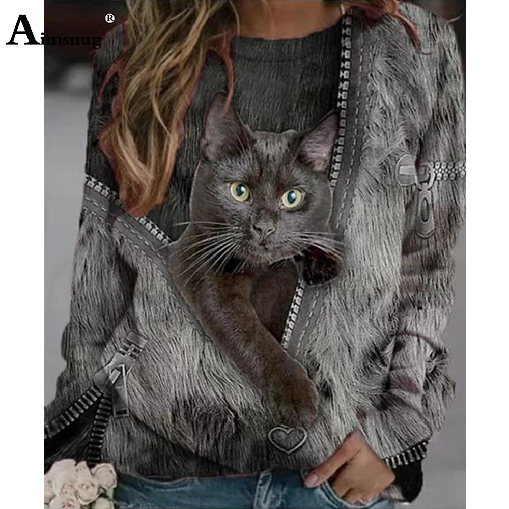Ladies Elegant Fashion T-shirt Artistic Cats Print Tops Women Tees Clothing 2021 New Autumn Loose Tshirt Femme