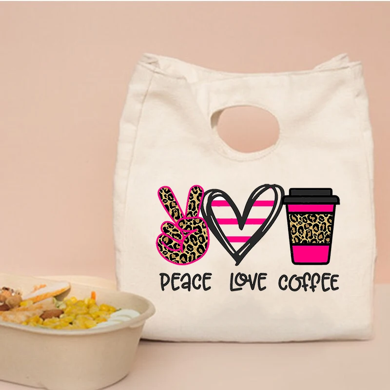 Peace Love Coffee Print Functional Cooler Lunch Box Portable Insulated Canvas Lunch Bags Thermal Food Picnic Tote for Women Kids