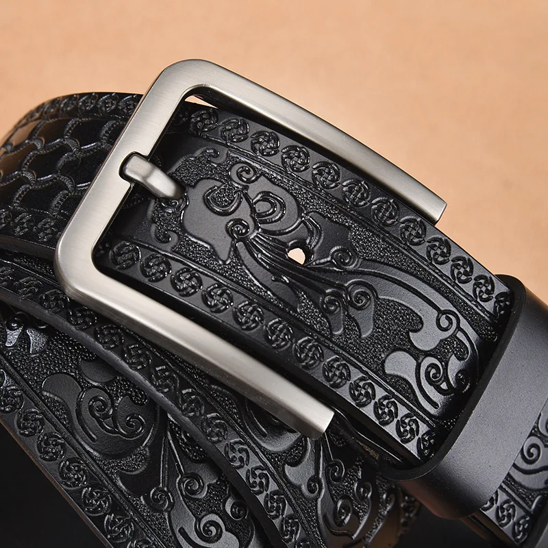 Male Print Leather Belt Floral Strap For Men 4.0 CM Black Vintage Embossing Genuine Cowskin Belt Designer Jeans High Quality