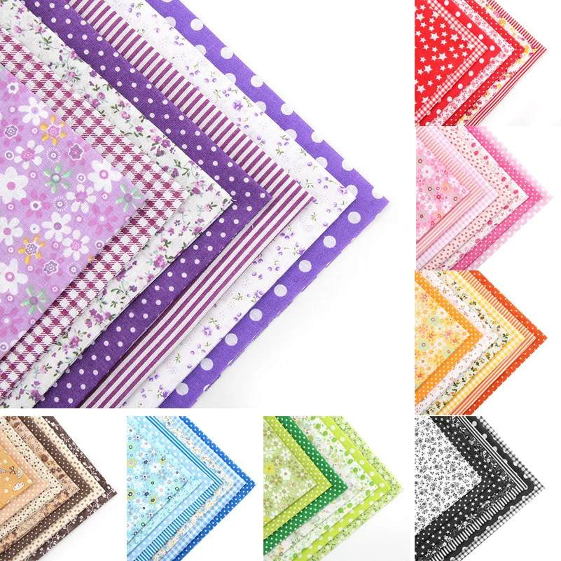 7 Pcs 24X24cm Cotton Printed Patchwork Plain Fabric Flowers Floral Polka Dot Stripe Colors Needlework DIY Handmade