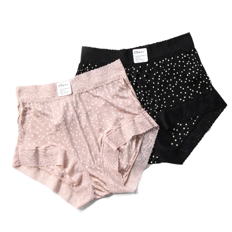 Women Bodyshort 100% Natural Silk Panties for Women Mid-Rise Waist Dots Printed Lace Underwear lingerie culotte NEW Pink black