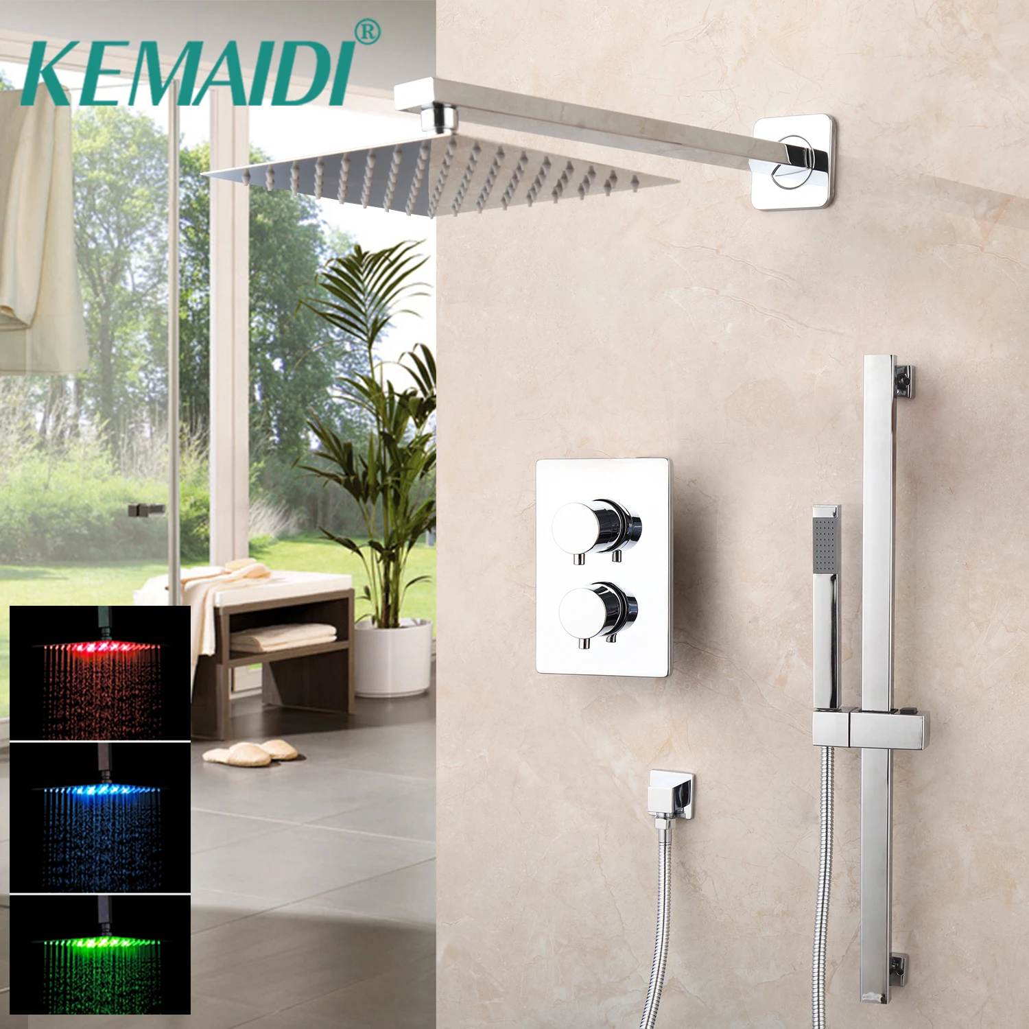 

KEMAIDI LED Chrome Finished Rainfall Shower Mixer Wall Mounted Shower Faucets Bar Concealed Shower Tap Square 2 Way Function