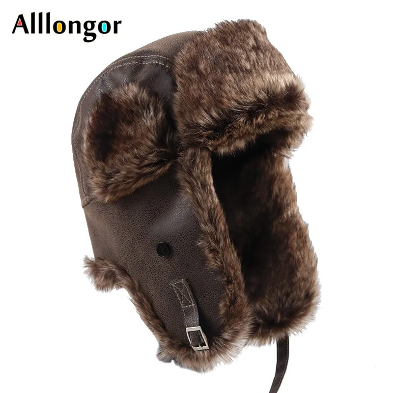 Russian Men\'s Winter Hat With Earflaps Ushanka 2024 Warm Pu Leather Earflap Bomber Hats Faux Fur Snow Cap Aviator Trapper Caps