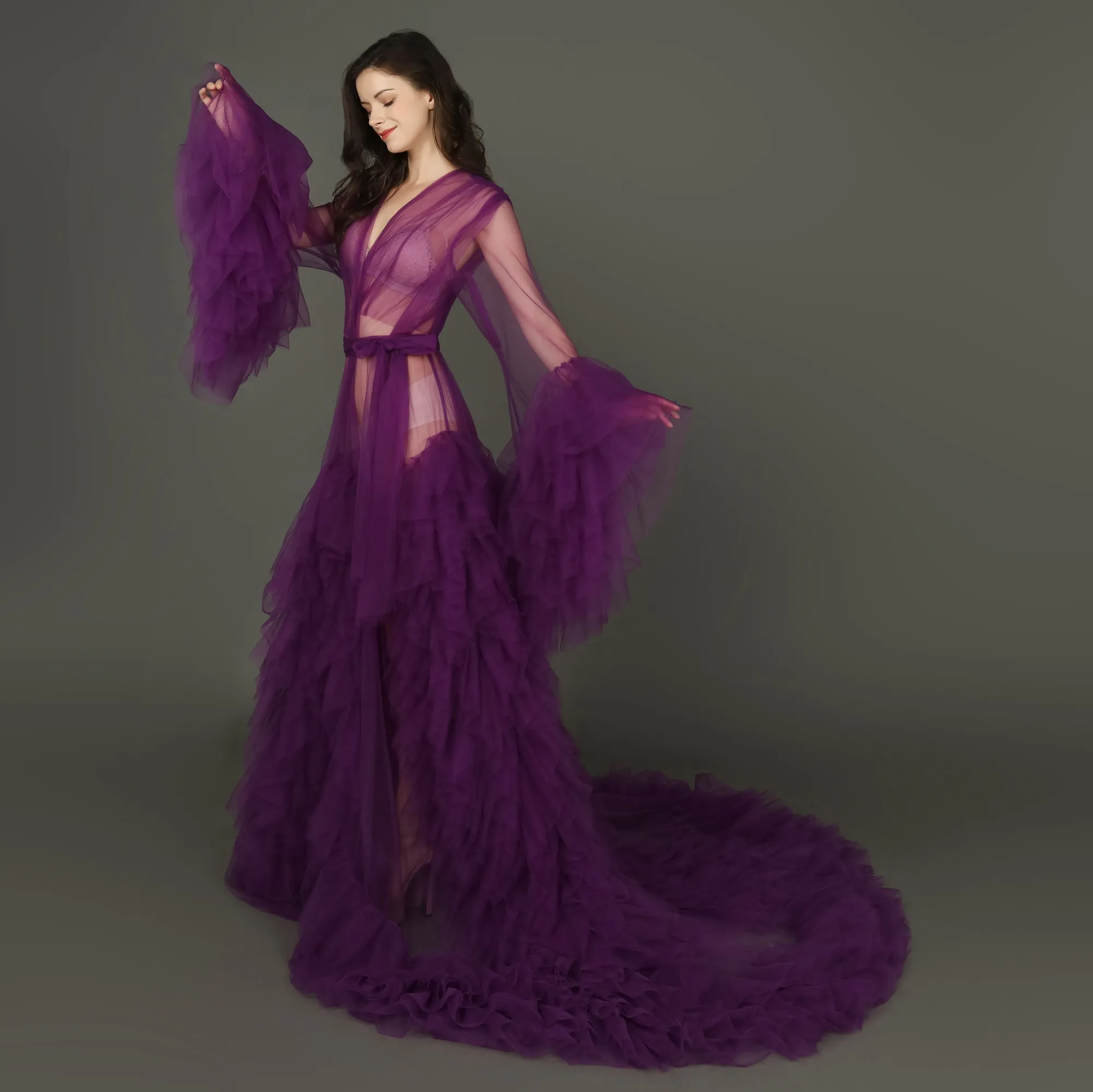 Robe de soirée violette élégante, tenue de séance Photo, à manches longues, à volants, pour fête prénatale, photos réelles