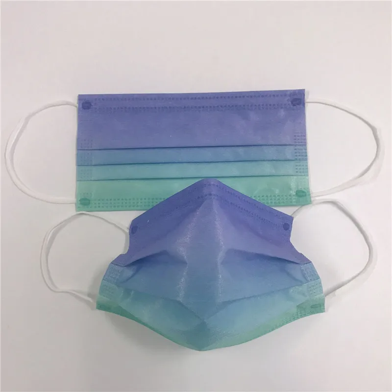 Disposible Adult Masks Gradient Color Face Shield Cover Printing Mouth Mask Solid Masks Green Blue Purple 3 Layer Fabric