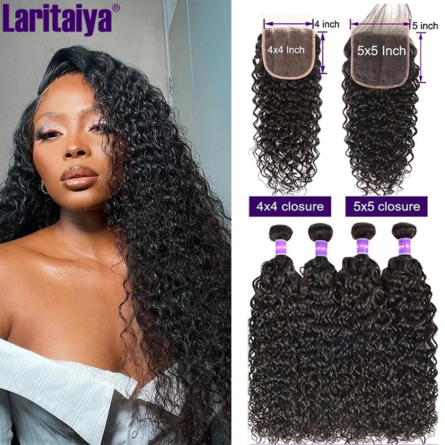 

Laritaiya Water Wave Bundles With Frontal HD 5x5 Lace Closure With Bundles Peruvian 100% Remy Human Hair 3 Bundles With Closure