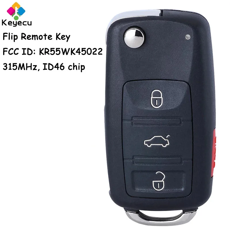 KEYECU Flip Remote Car Key With 3+1 4 Buttons 315MHz ID46 Chip for Volkswagen Touareg 2004 05 06 07 08 2009 2010 Fob KR55WK45022