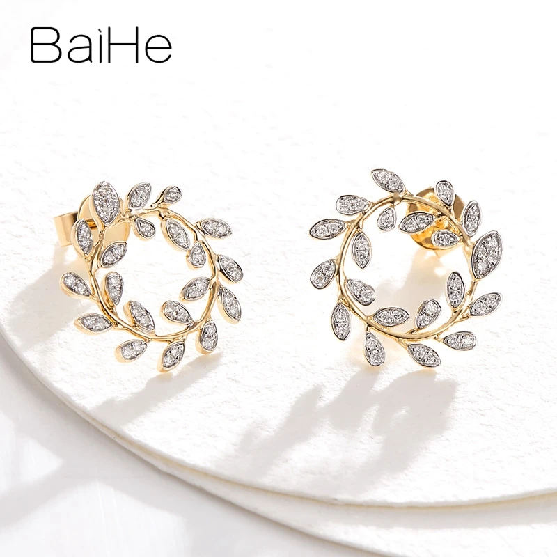 BAIHE Solid 14K Yellow Gold Natural Diamond Leaf Stud Earrings Women Wedding Trendy Fine Jewelry Boucles D'oreilles Feuille