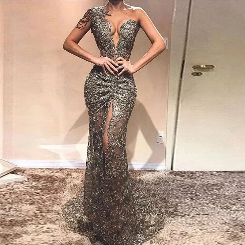 Elegant One Shoulder Sweetheart Formal Evening Dresses 2020 Sexy Mermaid High Split Long Prom Dress Wedding Party Gown vestidos