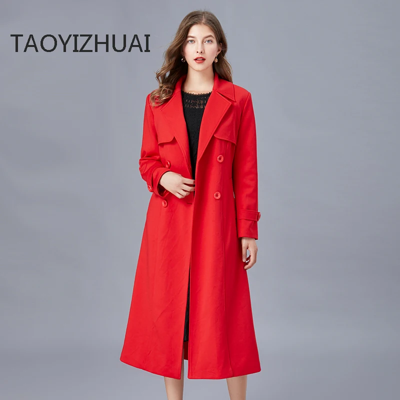 Spring and autumn new fashion British coat plus size fat mm French long red windbreaker trendy and versatile festive clothes