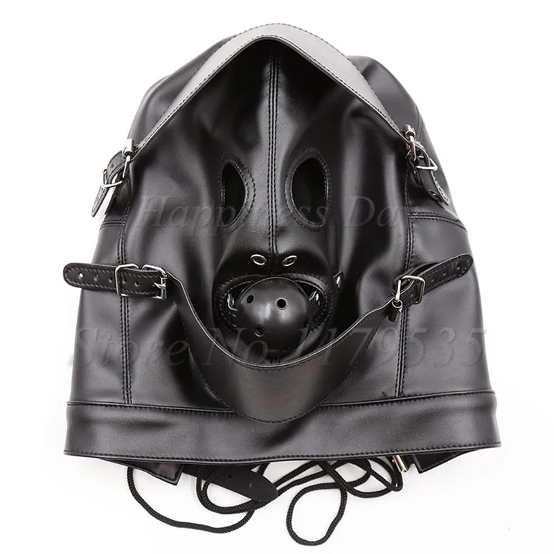 Fetish Sex Mask Bdsm Bondage Sexy Headgear Open Mouth Gag Blindfold Leather Restraint Hood Mask Sex Toys for Couples Adult Games