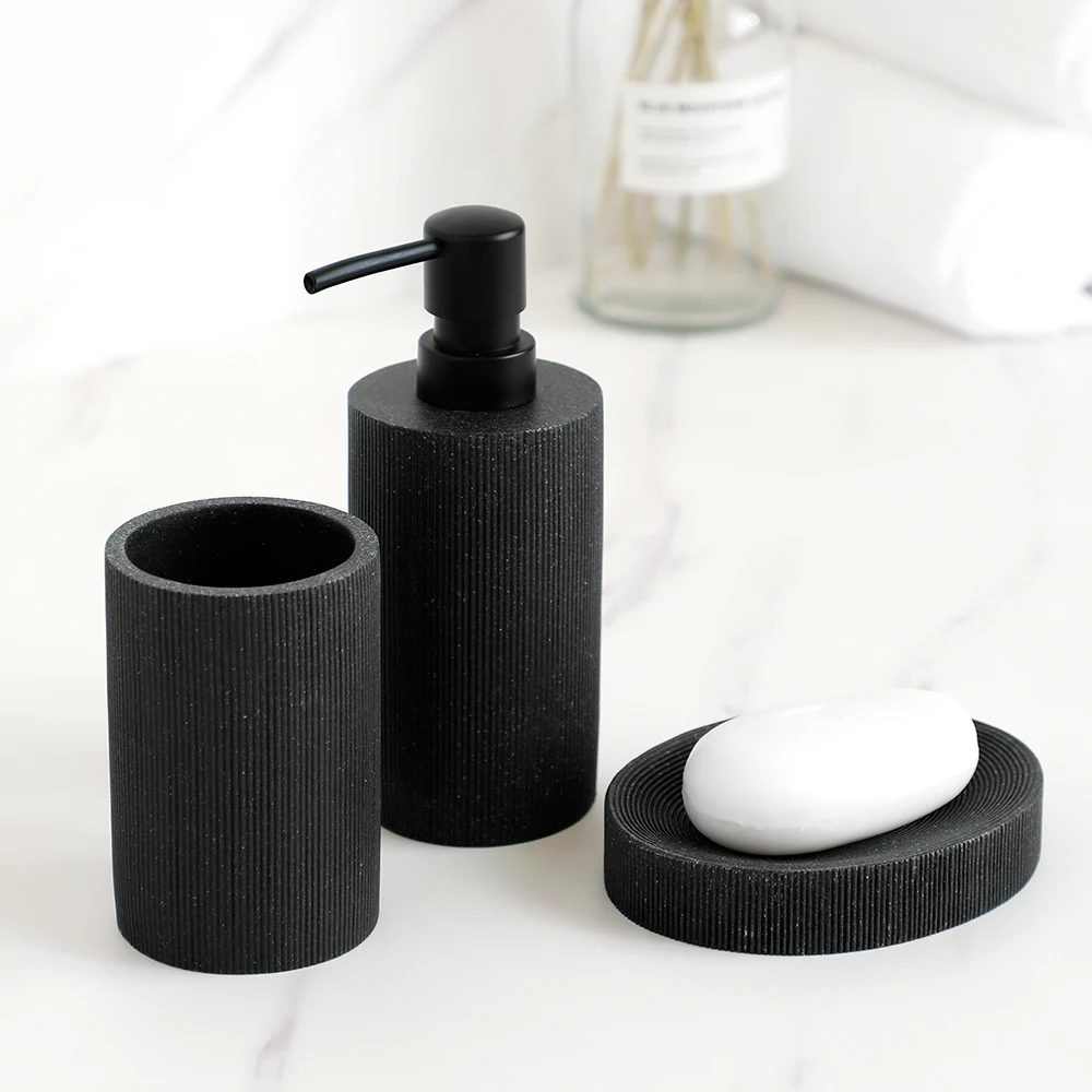 Black Bathroom Accessories  with Toothbrush Holder Soap Dispenser  Tumbler Cups Soap Dish an Toilet Brush Holder