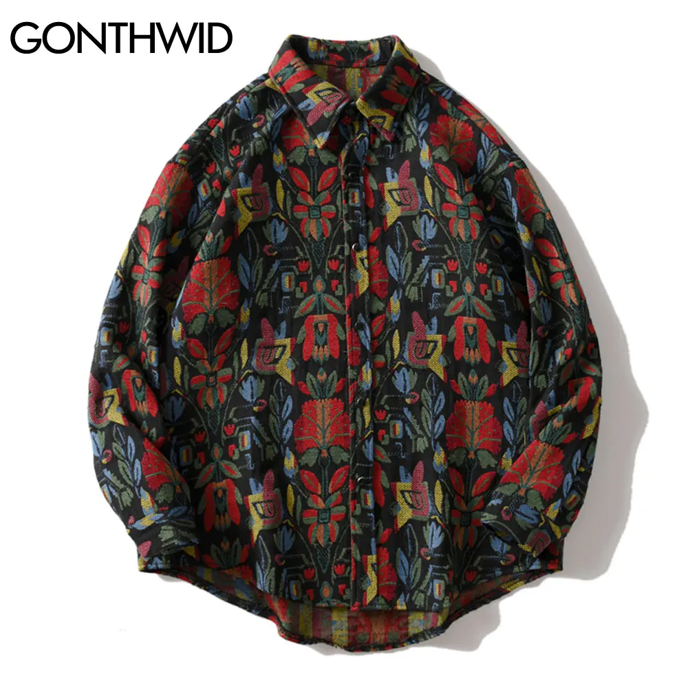 GONTHWID Southwestern Aztec Tribal Indian Button Shirts Streetwear Hip Hop Casual Flowers Patterned Long Sleeve Shirt Coats Tops