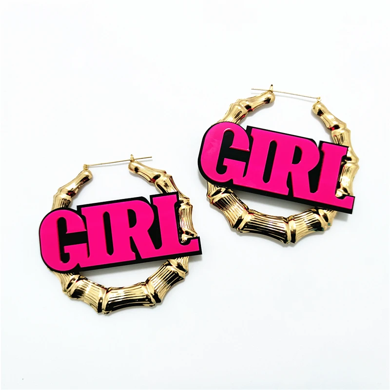 KUGUYS 9CM GIRL Gold Color Big Hoop Earrings for Women Birthday Gift Fashion Jewelry Hyperbole Hot Pink Letters Acrylic