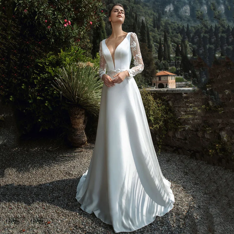 LSYX-Robe blanche en satin à manches longues pour femmes, robes de mariée élégantes, ligne A, col en V profond, dos nu, sur mesure