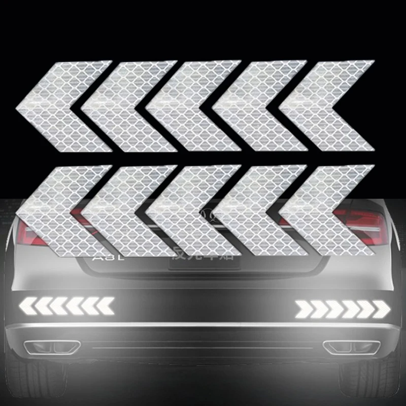 10 Pcs/Set Car Sticker Reflective Arrow Sign Tape Warning Safety Sticker For Car Bumper Trunk Reflector Hazard Tape Car Styling