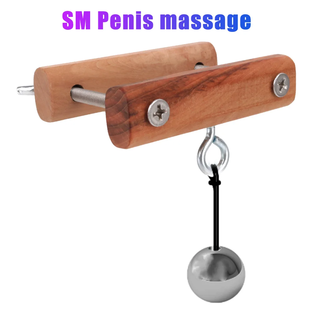 Male Penis Training Wooden Stretcher Metal Ball Scrotum Pendant Ball Penis Rings Clamp Testicle Crusher Male Sex Toys