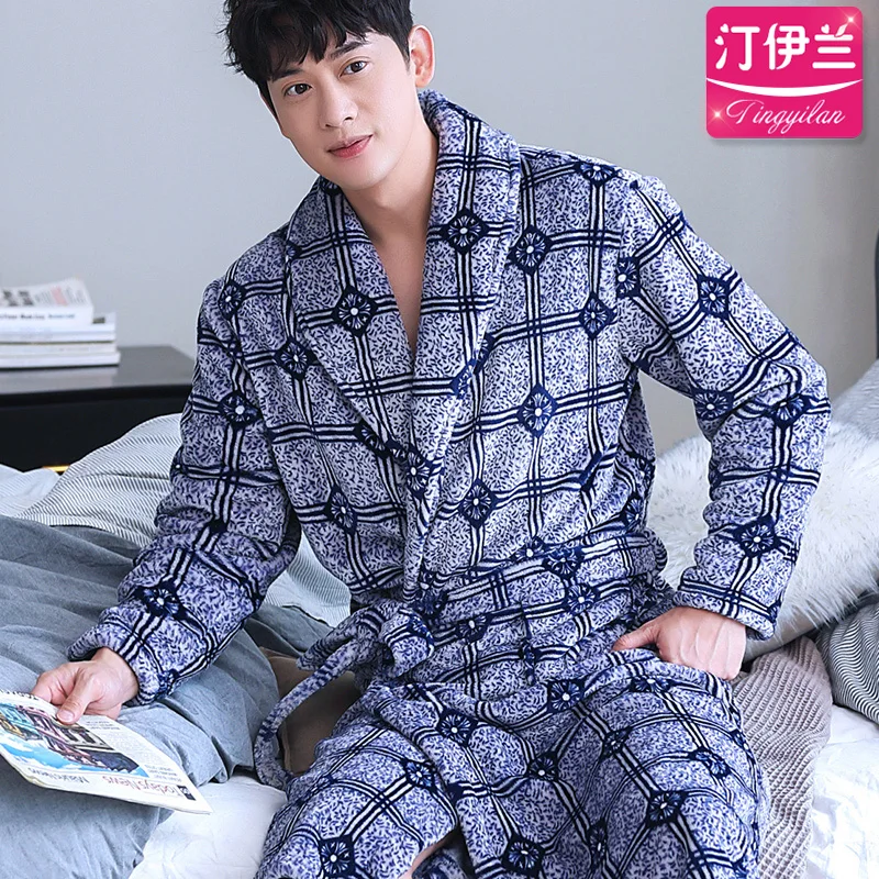 H5955 Men Robes Winter Plus Thick Coral Velvet Long Sleeve Bathrobe Sleepwear Male Warm Large Size Comfortable Soft Nightwear