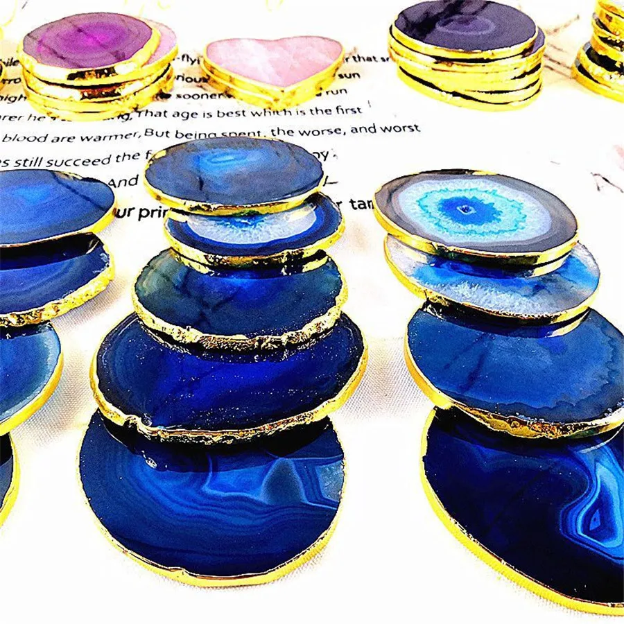 4-10cm Electroplated Rimmed Crystal Agate Stone Sliced Teacup Coasters