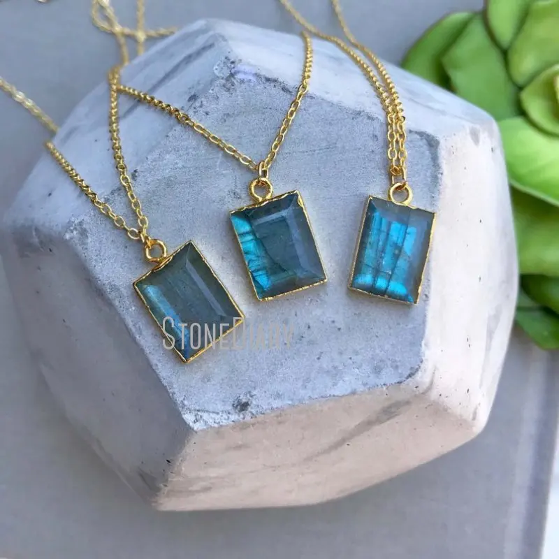 

NM36615 Blue Labradorite Rectangle Necklace Gold Plated Flashy Labradorite Bar Necklace Boho Bridesmaid Gift Idea