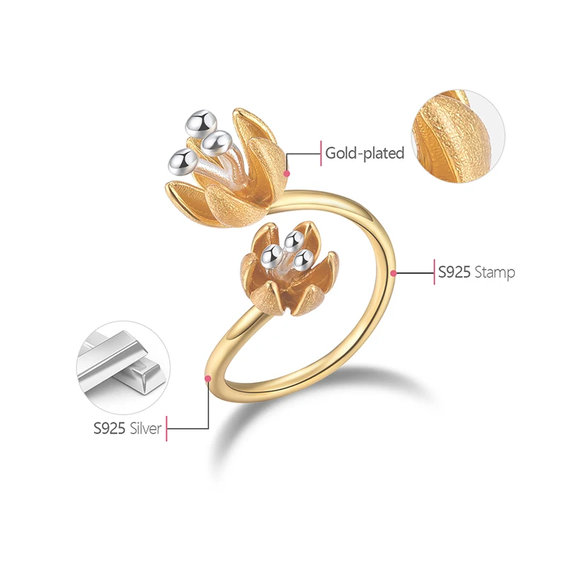 Lotus Fun Real 925 Sterling Silver Natural Handmade Designer Fine Jewelry Adjustable Fresh Blooming Flower Rings for Women