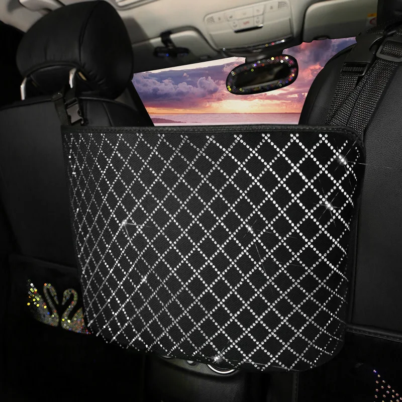 Universal Car Rhinestone Storage Bag Auto Organizer Crystal Leather Car Seat Gap Filler Organizer Car Decor Accessory for Girls