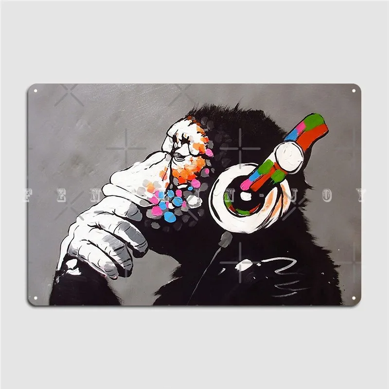 Banksy Monkey With Headphones Metal Sign Club Bar Plaques Cinema Living Room Decoration Tin Sign Poster