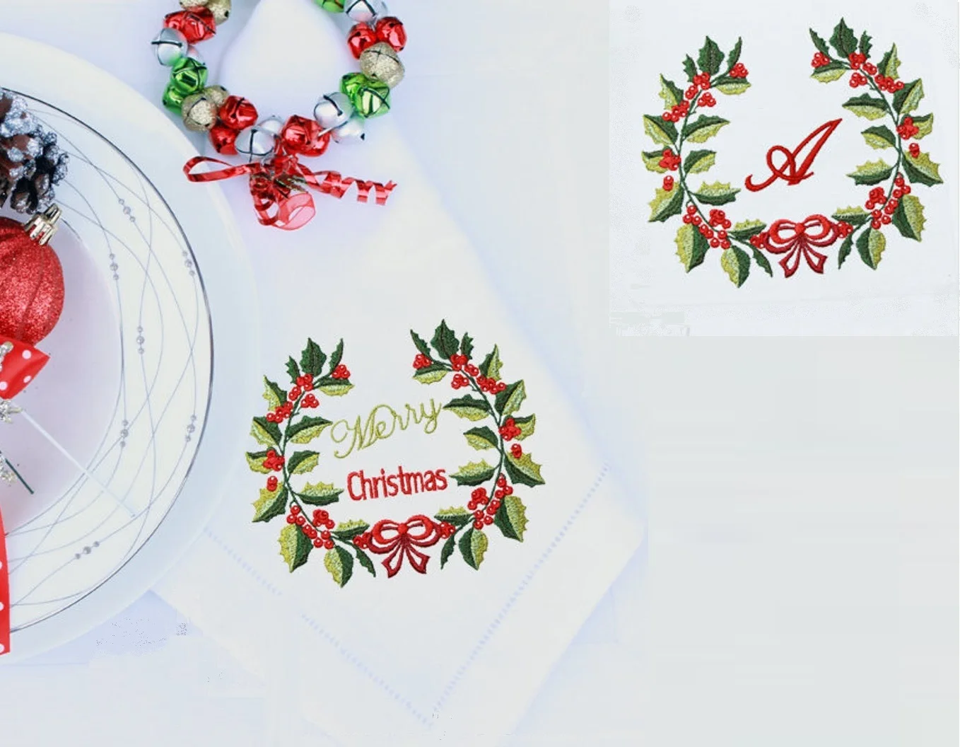 Christmas Monogram Embroidery Napkin, Placemat, Hemstitch, Cotton+Linen, Table Decoration, Holly Berries Monogram / Merry Christ