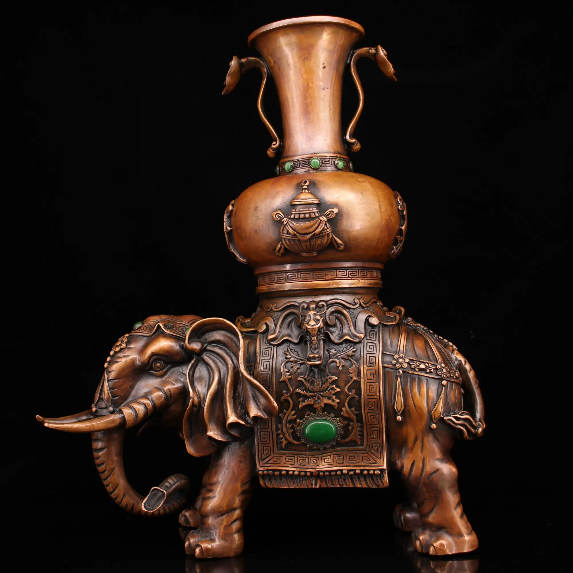 

16"Tibetan Temple Collection Old Bronze Gem Elephant Vase African Elephant Back Vase Elephant incense burner Town house Exorcism