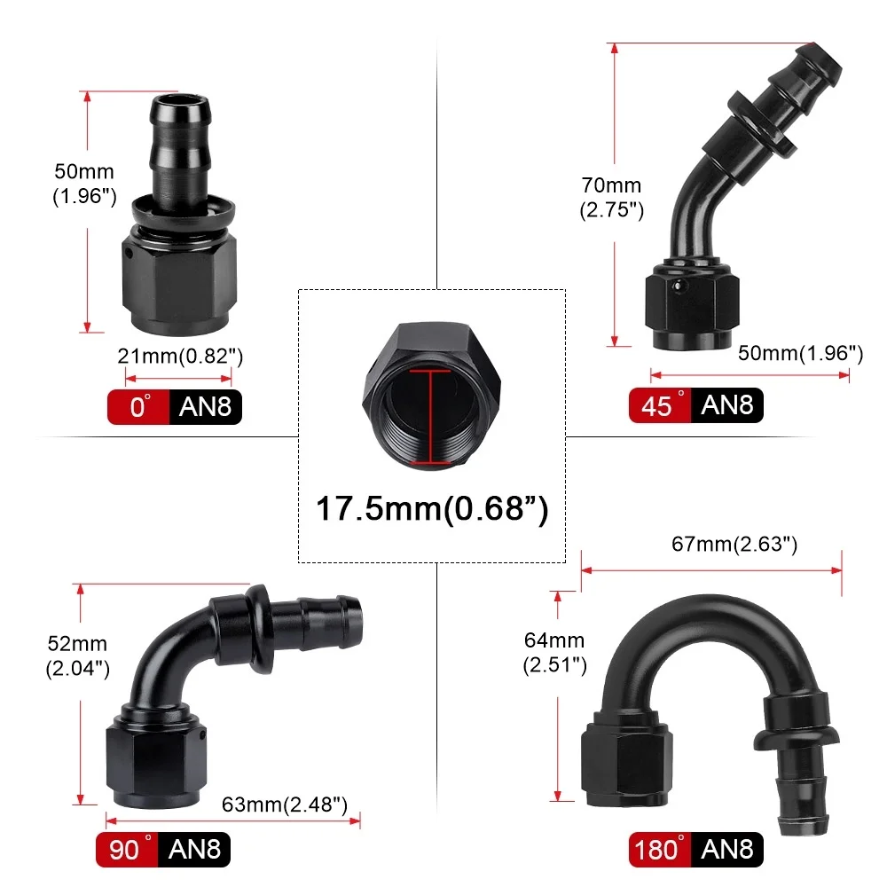 AN8 Oil Fuel Push On Lock Hose 0 45 90 180 Degree Hose End Oil Fuel Reusable Fitting Black Anoized Aluminum Straight Elbow