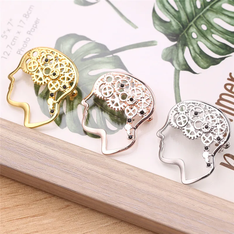 Creative Personality Brain Mechanical Brooches Hollow Metal Rhinestone Pins High Quality Denim Jacket Badge Brooches Jewelry