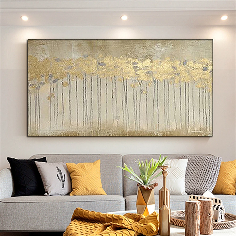 

Large Size Hand-Painted Modern Retro Oil Paintings On Canvas Beige Grey Gold Tree Pictures For Living Room Bedroom Wall Art Gift