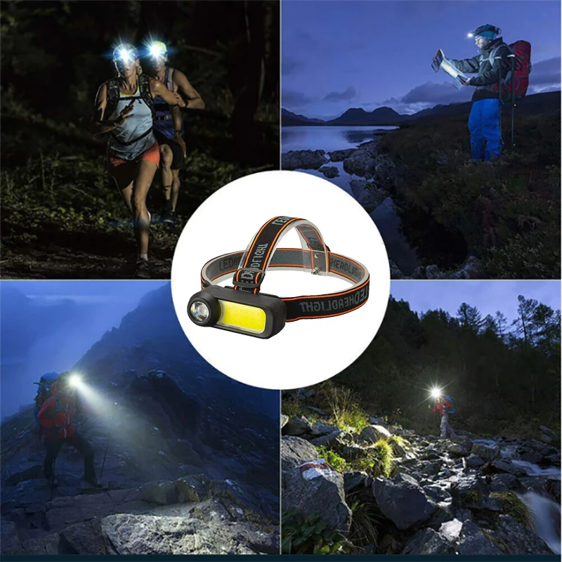 Powerful COB+LED Headlamp Portable 500M Long Range Headlight USB Rechargeable Head Lamp Head Torch with Battery