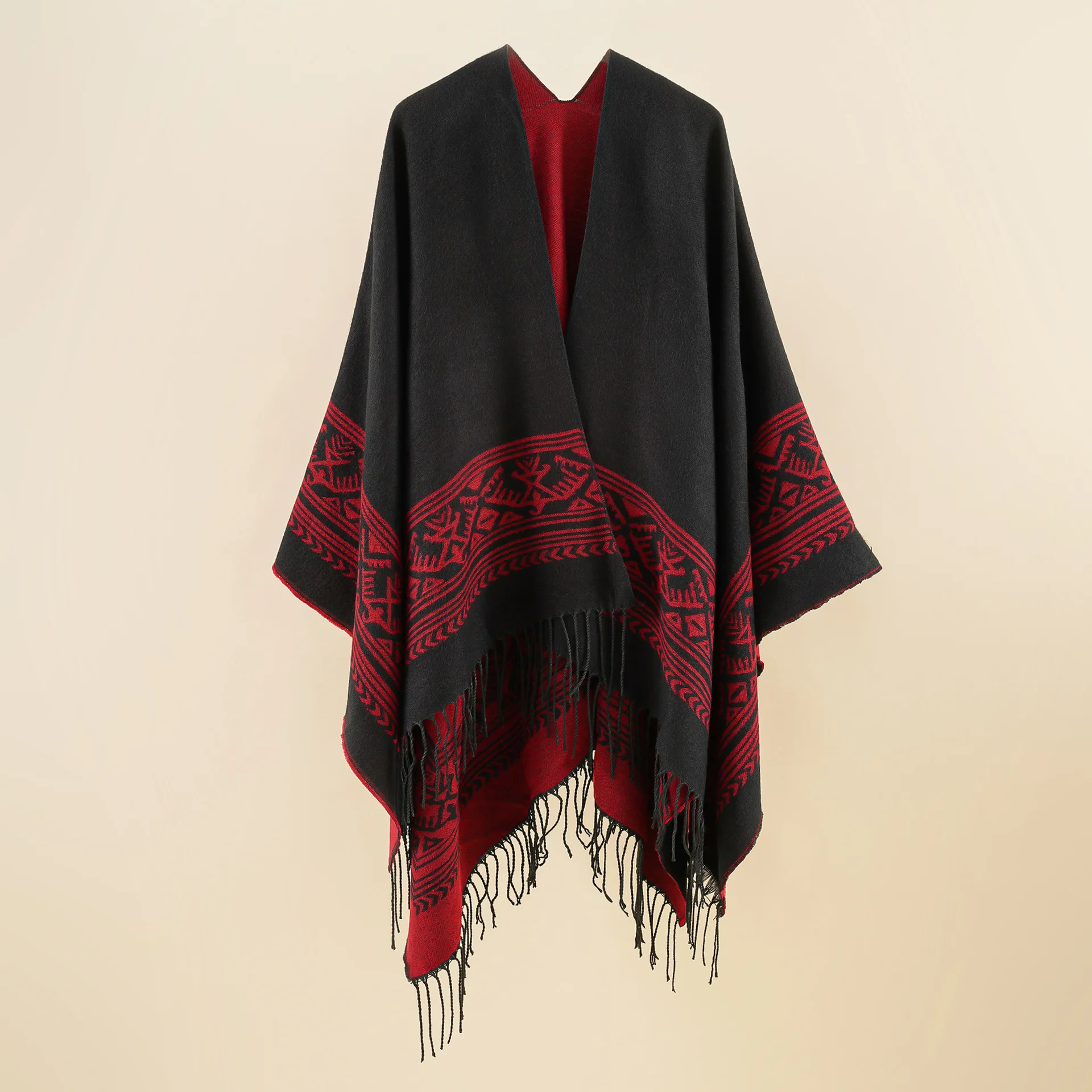 Geometric Pattern Double-sided Tassels European American Fashion Lengthened Imitation Cashmere Office Travel Fork Shawl Khaki