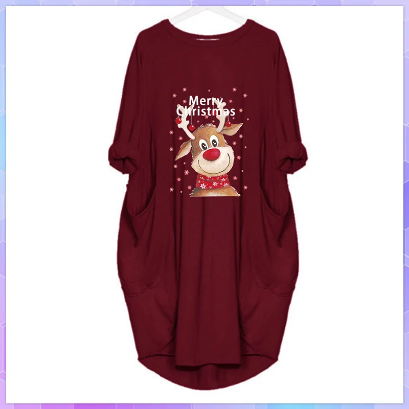 Christmas Sequin Antlers Women's Dress Round Neck Elegant Dresses Pocket Loose Vintage Harajuku Long Vestidos S-5XL