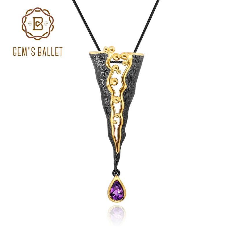 

GEM'S BALLET 925 Silver Jewelry Handmade Golden Bead Honey Raindrop Triangle Natural Amethyst Woman’s Statement Pendant Necklace